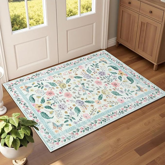 Terrug 2x3 Green Floral Area Rug for Entryway,Boho Machine Washable Throw Rugs with Non-Slip Blacking for Kitchen,Small Flower Carpet for Bedroom Front Door Laundry Floor Decor