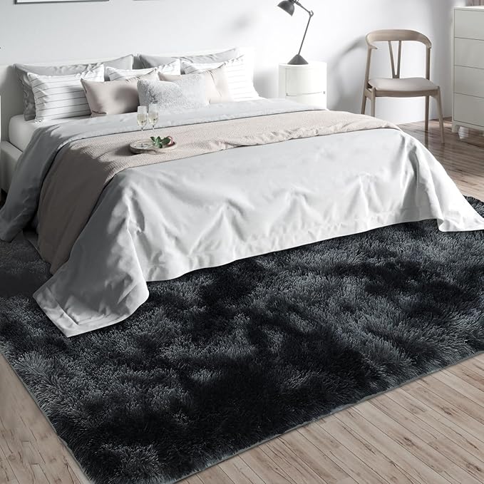 Shag Area Rugs for Bedroom Living Room,8X10 Ultra Soft Fluffy Area Rugs for Dorm, Indoor Carpet Nursery Rugs for Kids Girls Room Home Decor, Black Grey