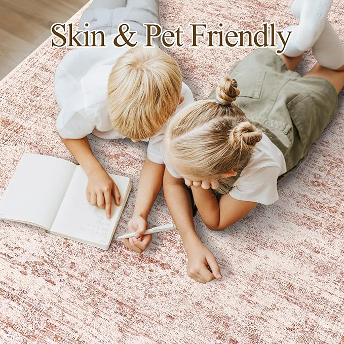 Washable Area Rug 8x10, Large Soft Rugs for Living Room Vintage Area Rugs for Bedroom Dining Room Non-Slip Stain Resistant Pink Rug Under Table Rug