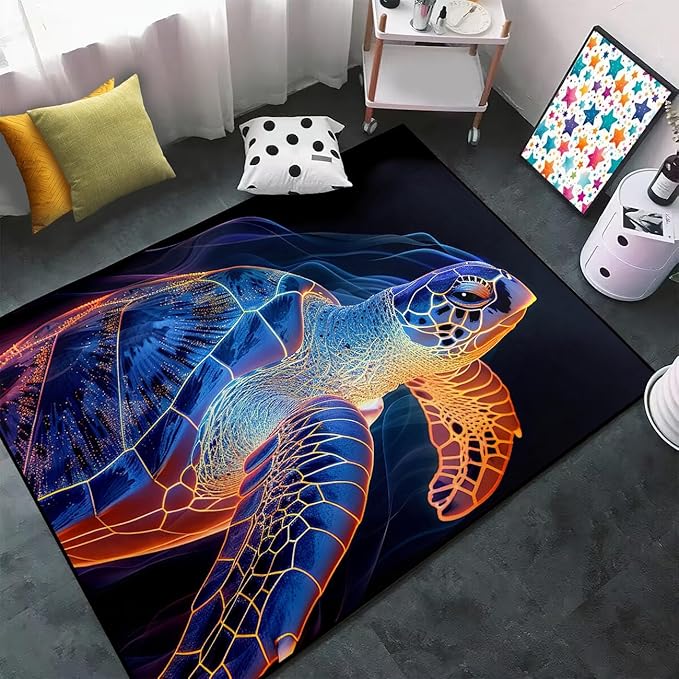 Sea Turtle Carpet Rug - Kids Coastal Rugs for Bedroom Ripple Sea Turtle Area Rug for Living Room Ocean Life Theme, 59" L x 39" W