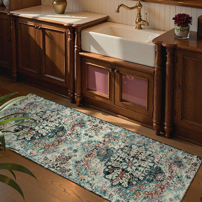 Lahome Bohemian Floral Medallion Runner Rug - 2'8" x 8' Washable Hallway Rug Runner Non Slip Kitchen Carpet Runner, Turkish Soft Pet Friendly Stair Mat for Bathroom Laundry Room Sunroom, Teal