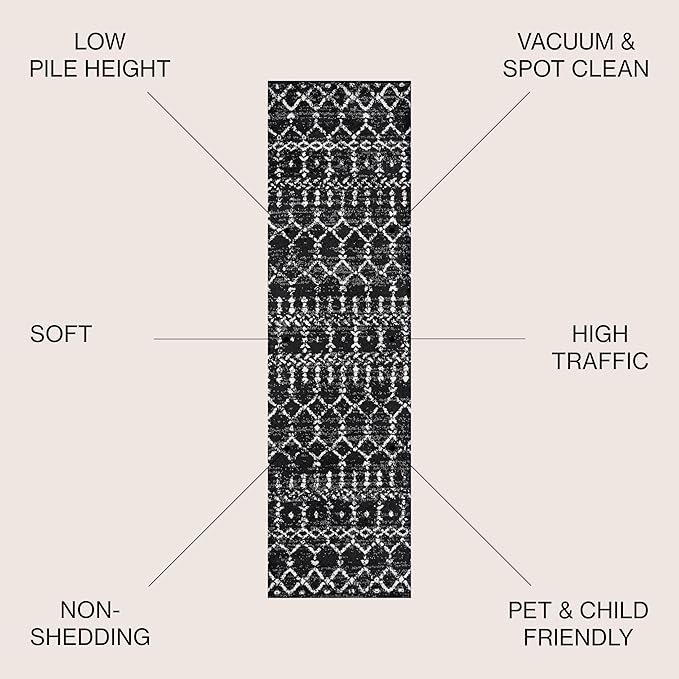 JONATHAN Y MOH101D-214 Moroccan Hype Boho Vintage Diamond Black/Ivory 2 ft. x 14 ft. Runner Rug, Pet Friendly, Non Shedding, Stain Resistant, Easy-Cleaning for Home, Bedroom, Living Room, Kitchen