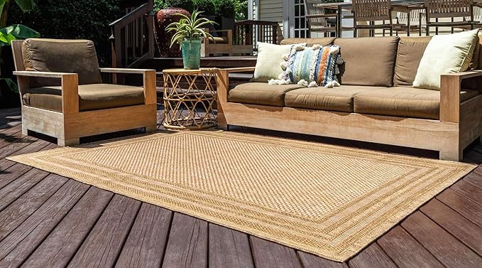 Unique Loom Outdoor Border Collection Area Rug - Multi Border (7' 1" x 10' Rectangle Tan/Light Brown)