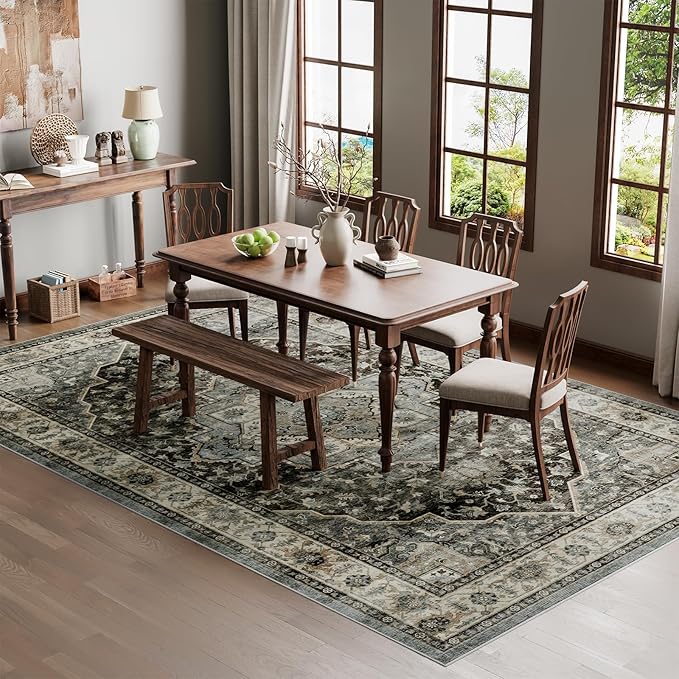 Dripex 6x9 Area Rugs, Machine Washable Non Slip Distressed Boho Rugs, Area Rug for Living Room, No Pile Lightweight Vintage Rug, Soft Accent Carpet for Dining Room,Bedroom,Dark Blue and Green