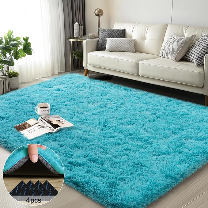 3x5 Rugs for Bedroom, Fluffy Area Rugs for Living Room, Soft Shag Kids Rug Small Carpet with 4 Non-Slip Rug Pads (Turquoise Blue, 3ft x 5ft)
