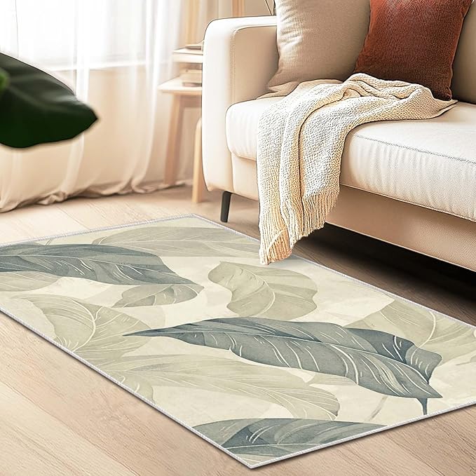 3x5 Entryway Rug Vintage Botanical Leaf Beige Area Rug Bedroom Bedside Thin Small Carpet Bathroom Non Slip Indoor Entrance Low Pile Door Mat Kitchen Stain Resistant Washable Machine
