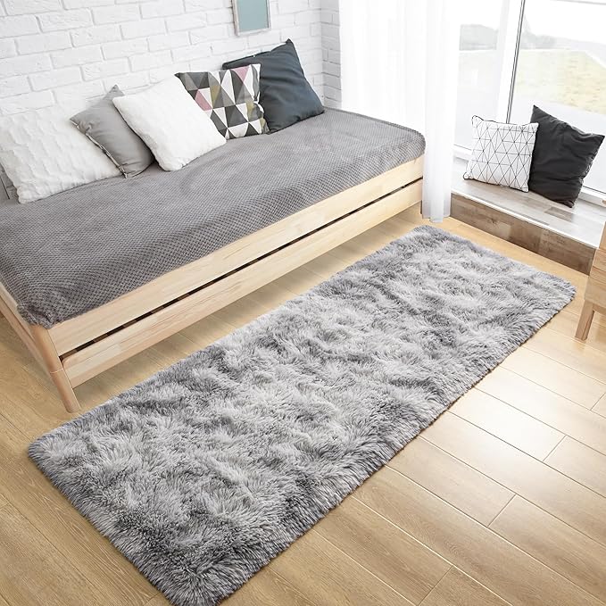 Tepook Fluffy Runner Rugs for Bedroom Aesthetic 2x6 Feet, Shag Soft Bedside Rug with Non-Slip Bottom, Fuzzy Plush Carpet for Room, Hallway Rug for Nursery Dorm Indoor Home Decor, Tie-dye Light Grey