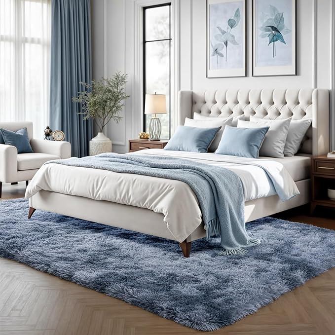 Zentavio Area Rugs for Living Room Large Rugs for Bedroom 6x9 Carpet Fluffy Fuzzy Soft Shag Aesthetic Plush High Pile Gray Throw Rug for Nursery Kids Room Dorm Tie-Dyed Blue Grey