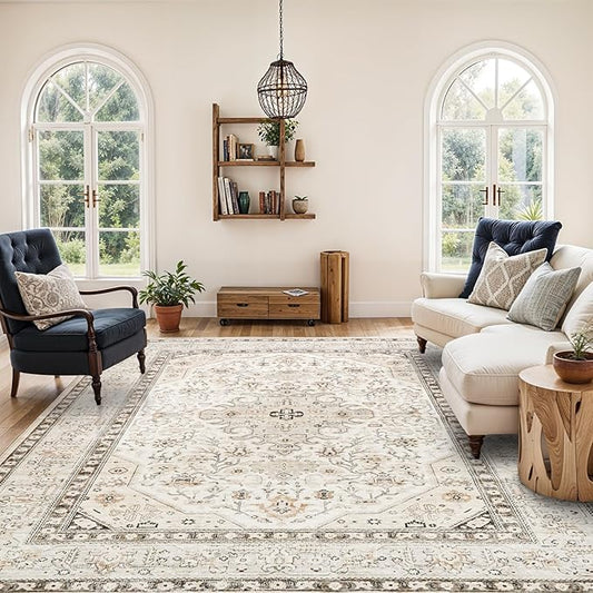 Washable Area Rug 8x10 - Bedroom Living Room Large Indoor Rugs Soft Oriental Vintage Rugs Non-Slip Backing Stain Resistant for Farmhouse Kitchen (8x10 Ivory/Multi)