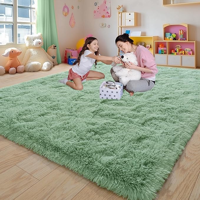 6x9 Fluffy Fuzzy Area Rug for Living Room Bedroom, Ultra Soft Large Living Room Rugs, Non Slip Thick Shag Rug for Dorm, Kids Girls Boys Rug for Home Decor Aesthetic, Sage Green