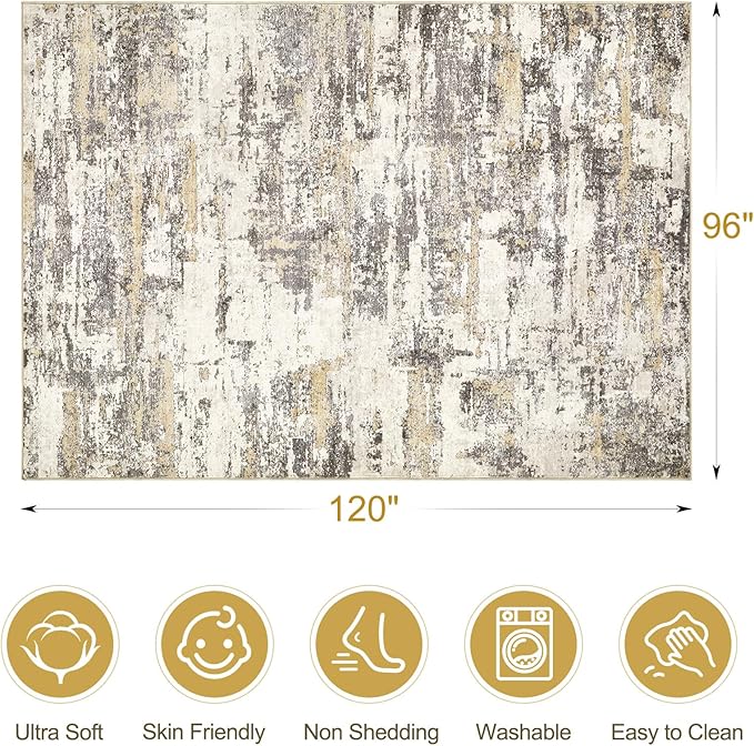 Area Rugs for Living Room: 8x10 Abstract Washable Rug Modern Neutral Large Soft Stain Resistant Non-Slip Backing Machine Table for Bedroom Dining Room Indoor Home Office Carpet - Gold Brown