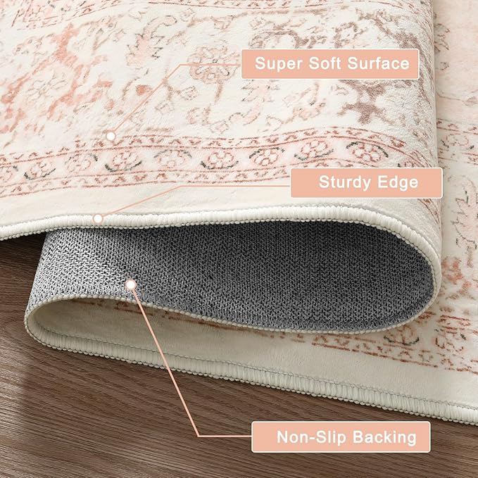 LIVEBOX Pink Carpet 3x5 - Oriental Floral Non-Slip Indoor Rug for Kitchen Entrance, Faux Wool Front Door Mat, Pet Friendly Accent Throw Rug for Bedroom Entry Foyer Laundry Room, Pink
