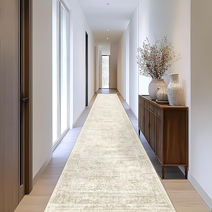 Runner Rug 2'6" x 14' Washable Non-Slip Runner Rugs for Kitchen Bathroom Laundry Room Vintage Ultra Thin Runners for Hallway Entryway Beige
