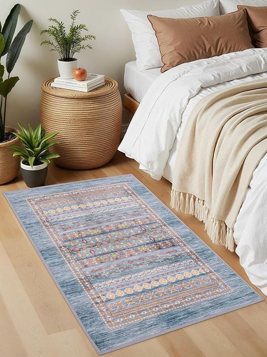 2x3 Small Rugs for Bedroom, Washable Aztec Geometric Indoor Entryway Door Rug with Non-Slip Backing, Soft Moroccan Throw Rug Western Carpet for Kitchen Home Office, Blue & Beige