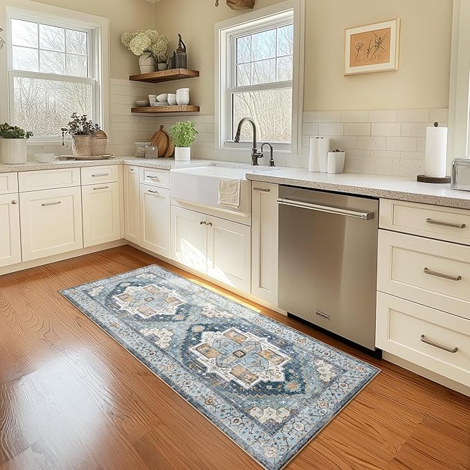 Washable 2x6 Area Rugs, Rugs for Living Room, Low-Pile Water&Stain Resistant Carpet Vintage Distressed Printed Non-Slip Carpet for Bedroom Bathroom Kitchen-Sky Blue
