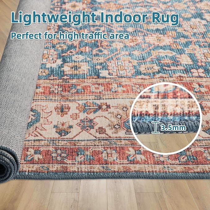 Dripex 3x5 Area Rugs, Machine Washable Non Slip Boho Rugs,Distressed Entryway Rug Doormat,No Pile Lightweight Vintage Rug, Smal Carpet Rug for Front Entrance,Office Bedroom,Blue and Red