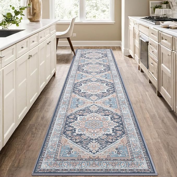 BESTSWEETIE 2x10 Area Rugs for Living Room Washable Non Slip Carpet Low Pile Soft Vintage Print Pattern Rug for Bedroom Dining Room Kitchen Entryway Indoor-Navy Blue/Light Blue/Natural/Brick
