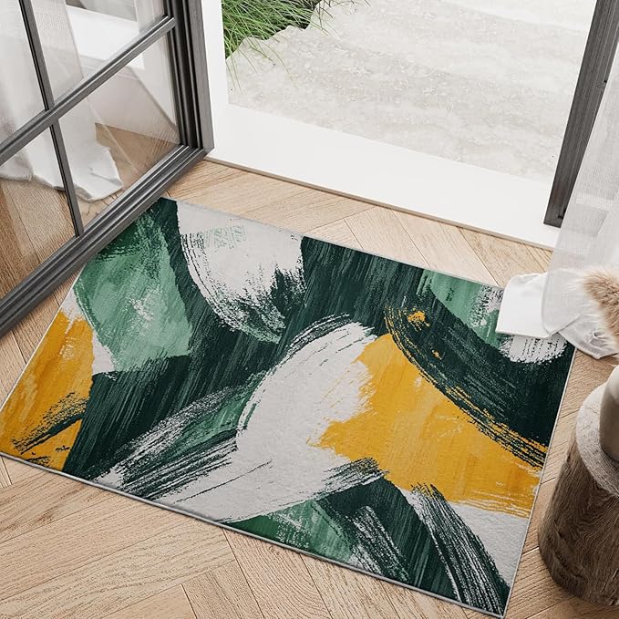 Bathroom Mat Green Gold Modern Abstract Rugs Contemporary Machine Washable Soft Plush Rug Carpet Non Slip Boho Aesthetic Area Rug for Entryway Kitchen Living Room Bedroom Dining Room Home 20x31.5 Inch