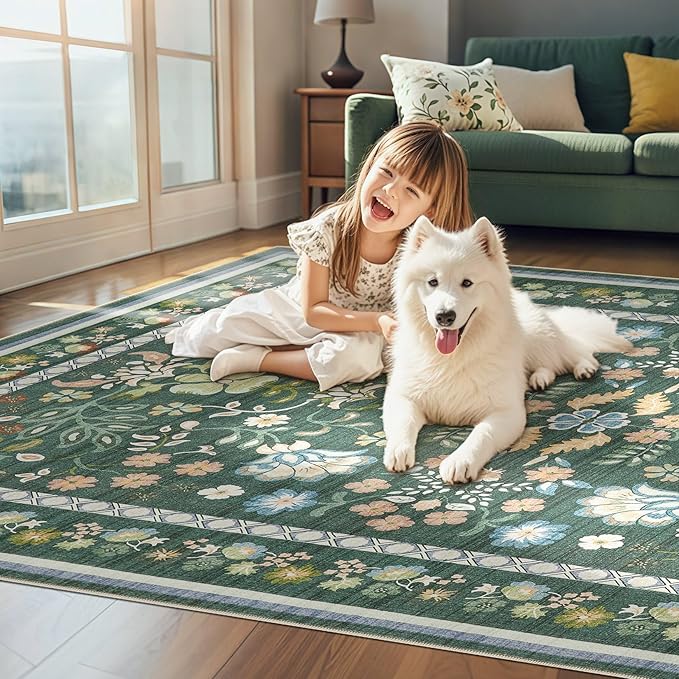 6x9 Area Rug Living Room Rugs - Washable Boho Vintage Floral Large Soft Non Slip Thin Rug Low Pile Carpet for Bedroom Dining Room Kids Playroom Office Decor Indoor- Green