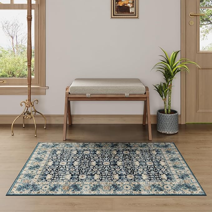 Dripex 2x3 Area Rugs, Machine Washable Non Slip Boho Rugs,Distressed Small Entryway Rug Doormat, No Pile Lightweight Vintage Rug, Floor Carpet for Front Entrance Kitchen Bathroom,Navy Blue and Multi