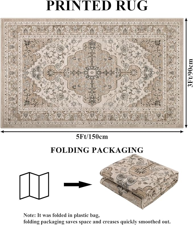 U'Artlines Boho Vintage Area Rug 3x5 Machine Washable Low Pile Soft Floor Carpet Non Slip Non Shedding Accent Rug for Living Room Bedroom Entryway Dining Room Office Beige Brown
