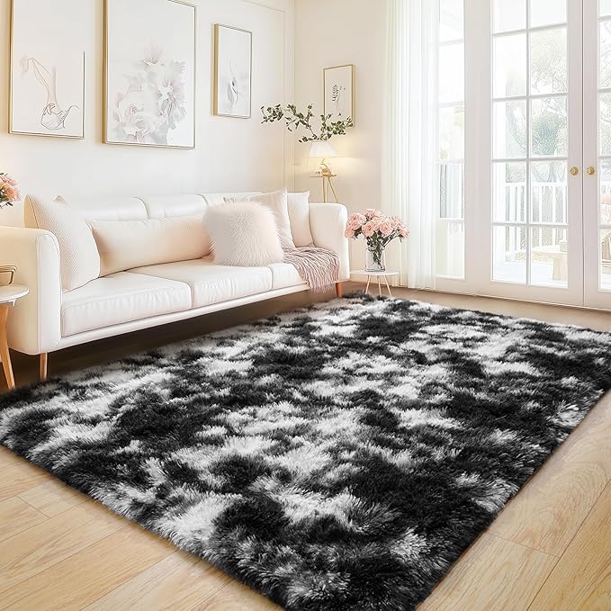 Black and White Rug for Bedroom, 4x6 Fluffy Plush Area Rugs Anti-Skid Floor Carpets, Ultra Soft Modern Indoor Shag Rug for Living Room Kids Nursery Room Dorm Home Decor Aesthetic