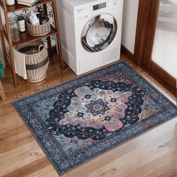 2x3 Vintage Rug, Entryway Rug with Non Slip Rug Backing, Washable Rug Low Pile Indoor Small Area Rug for Front Door Entrance Kitchen Bedroom Bathroom, Blue/Multi Retro Doormat Carpet