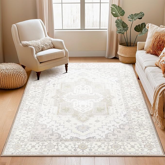 Washable 5x7 Area Rugs, Rugs for Living Room, Low-Pile Water&Stain Resistant Carpet Vintage Distressed Printed Non-Slip Carpet for Bedroom Bathroom Kitchen-Ivory
