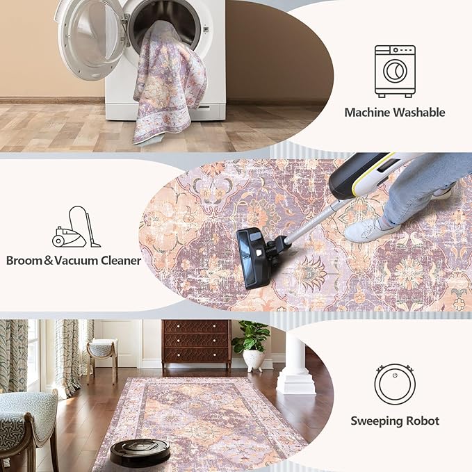 Washable Boho Vintage Area Rugs 5×7 Non-Slip Traditional Mauve Purple Carpet for Nursery Living Room Bedroom Dining Room Girls' Room