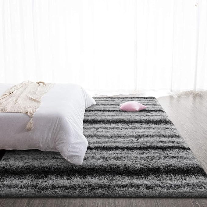 TWINNIS Super Soft Shaggy Rugs Fluffy Carpets, 6x9 Feet, Indoor Modern Plush Area Rugs for Living Room Bedroom Kids Room Nursery Home Decor, Upgrade Anti-Skid Rectangular Fuzzy Rug, Gray Black