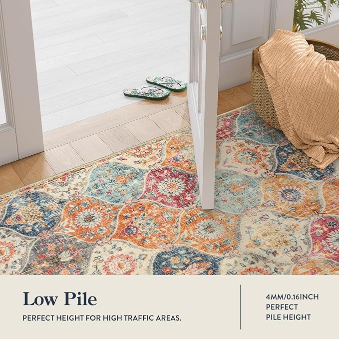 Lahome Moroccan Washable Kitchen Runner, 2x7 Runner Rug with Rubber Backing Non Slip, Vintage Hallway Rug Throw Carpet for Hallways Bedroom Laundry Room Entryway, Cream/Multi