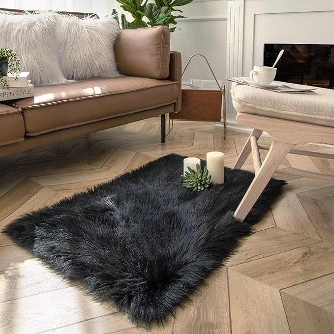 Ashler Faux Fur Rug, Fluffy Shaggy Area Rug Ultra Soft 2 x 2.9 Feet Rectangle Fur Rug Black Fuzzy Rug Machine Washable Shag Rug, Nursery Decor Throw Rugs for Bedroom, Kids Room, Living Room