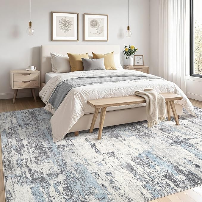 Area Rugs for Living Room: 7x9 Abstract Washable Rug Modern Neutral Large Soft Stain Resistant Non-Slip Backing Machine Table for Bedroom Dining Room Indoor Home Office Carpet - Blue Grey