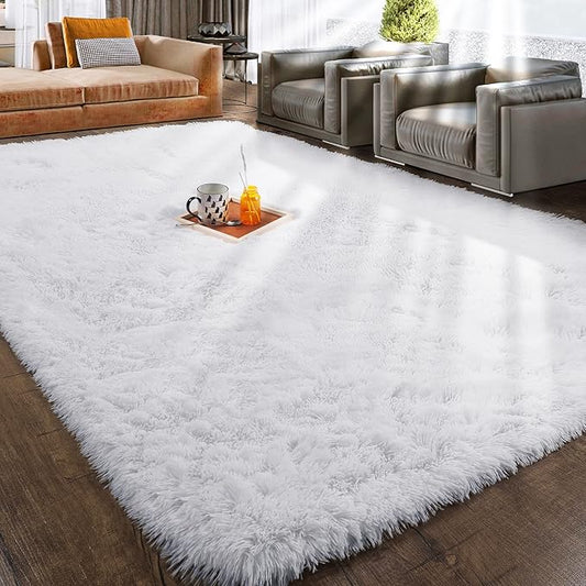 RUGTUDER 6x9 Area Rug for Bedroom, White Fluffy Rugs for Living Room, Upgrade Anti-Slip Soft Shag Fuzzy for Kids Girls Boys Baby Nursery Room Decor, Furry Large Carpet Room Decor Aesthetic