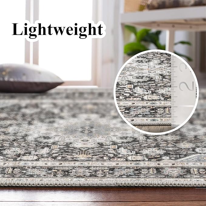 Washable Area Rug 8x10 - Bedroom Living Room Large Indoor Rugs Soft Oriental Vintage Rugs Non-Slip Backing Stain Resistant for Farmhouse Kitchen (Slate Grey/Black 8x10)
