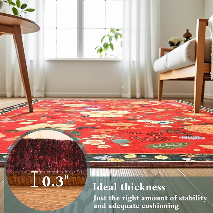 2x3 Small Floral Rug for Entryway, Flowers Printed Washable Rugs with Non Slip Backing for Girls Bedroom Kitchen, Cute Throw Carpet Front Door Entry Decor, Red