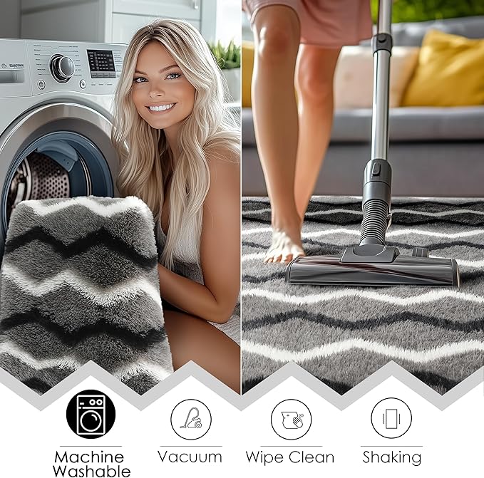 RUGTUDER Washable Fluffy Rugs for Living Room, 5x8 Fuzzy Plush Soft Shag Striped Rug, Large Shaggy Floor Carpets Chevron Geometric Rug for Bedroom Playroom Boys Kids Room Dorm Decor, Black Grey White