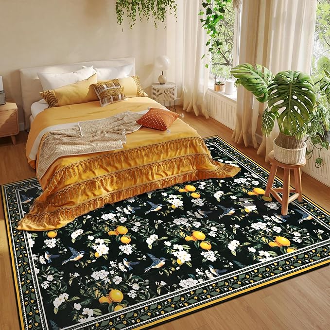 ASPMIZ Vintage Floral Area Rug 5x7 Rug for Living Room Black Washable Rugs for Bedroom Non Slip Soft Low Pile Lemon Hummingbird Throw Rugs for Dining Room Nursery Kitchen Entryway Laundry Office