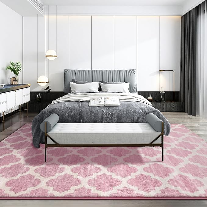Geometric Shag Modern Area Rug for Living Room Bedroom, 3x5 Distressed Moroccan Fluffy Rug Indoor Carpet for Kids Nursery Bedside Room Decor, Memory Foam Super Soft Shaggy Rugs, Pink/White