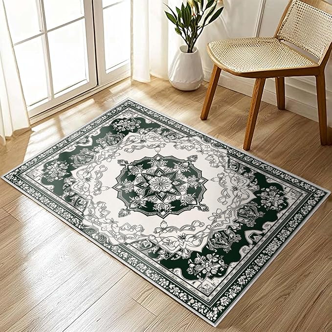 2x3 Area Rug Machine Washable Entryway Rugs White Green Vintage Boho Rug Non-Slip Low Pile Door Mat Entrance Small Carpet for Home Kitchen Bathroom Bedroom