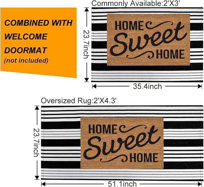 BUAGETUP Black and White Outdoor Rug 3'x 5' Hand-Woven Cotton Washable Rug Striped Front Porch Rug Machine Washable Indoor/Outdoor Area Rug Floor Mat for Farmhouse/Layered Door Mats/Living Room