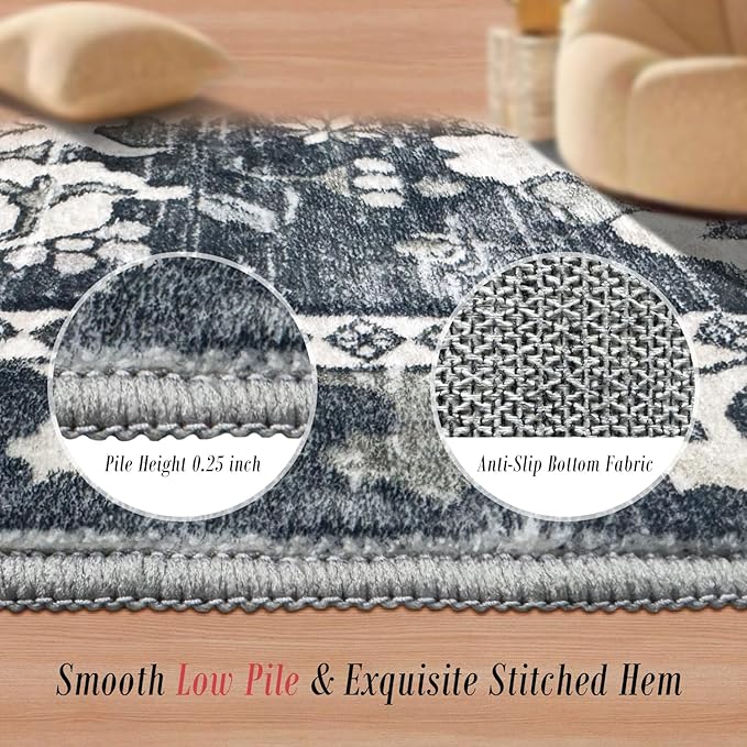 Washable Area Rugs - Perfect for Living Room, Bedroom, Kids Room, Nursery - Stain & Water Resistant Non-Slip, Pet & Child Friendly, Vintage Tribal Area Rugs (Grey, 3' x 5 ')