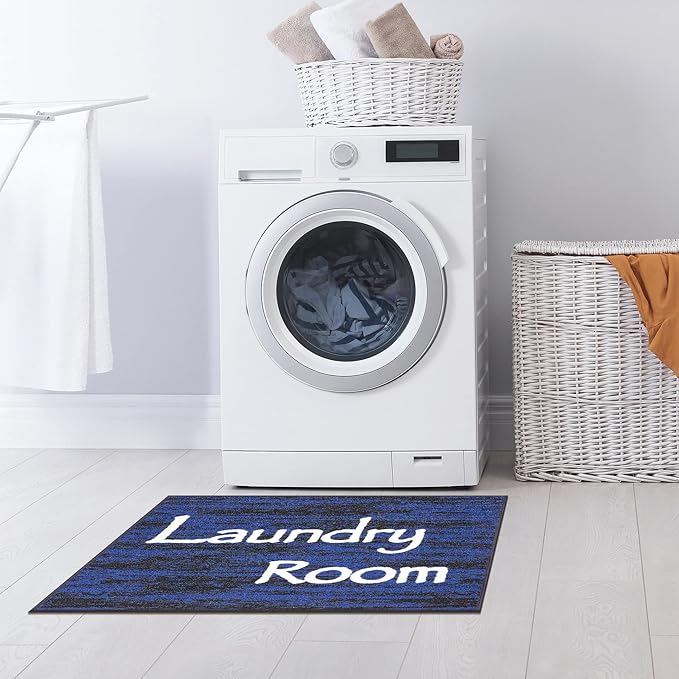 Ottomanson Machine Washable Text Design Laundry Room Rug Non-Slip Rubberback 2x3 Pack of 2 Laundry Area Rug for Laundry Room, Bathroom, Washroom, 26" x 35" - Pack of 2, Black/Blue