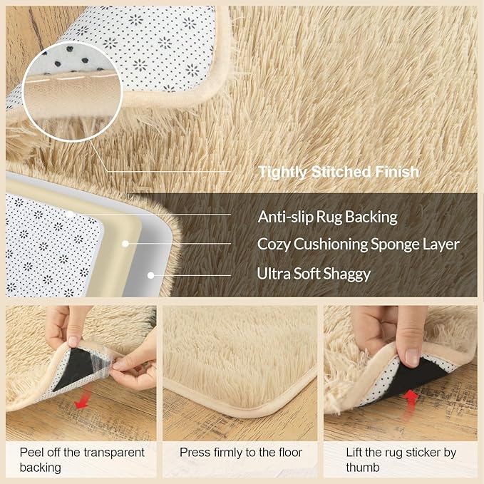 2x3 Rugs for Bedroom, Fluffy Area Rugs for Living Room, Soft Shag Kids Rug Small Carpet with 4 Non-Slip Rug Pads (Light Tan, 2ft x 3ft)