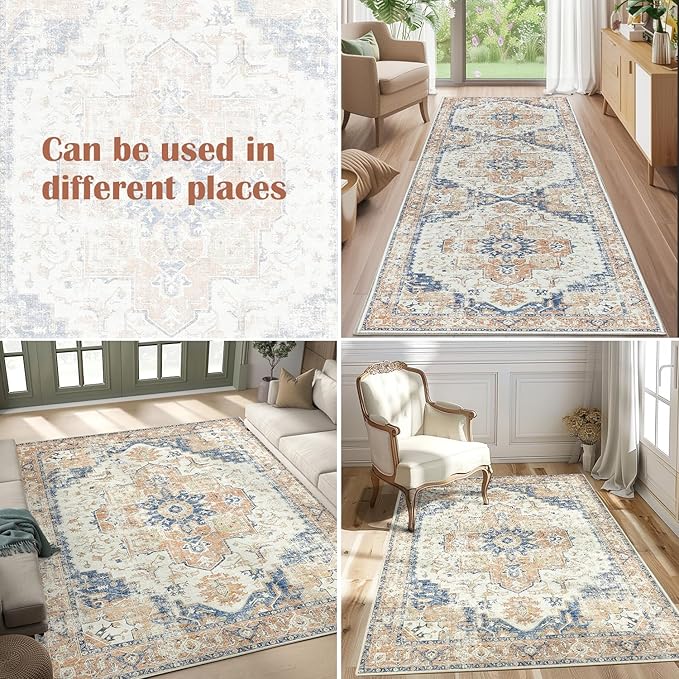 jinchan Runner Rug 2x6 Hallway Rug Kitchen Washable Runner Vintage Mat Retro Print Lightweight Non-Slip Accent Floor Cover Distressed Thin Carpet for Entryway Bathroom Bedroom Laundry Room Orange