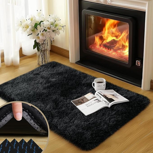2x3 Rug for Bedroom, Fluffy Area Rugs for Living Room, Small Soft Shag Fuzzy Shaggy Carpets for Kids Boys and Girls Dorm with 4 Non-Slip Rug Tapes (2ft x 3ft, Tie-Dyed Black Grey)