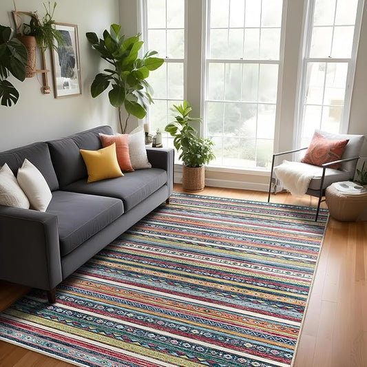 Washable 6x9 Area Rug - Vintage Rugs for Living Room Soft Indoor Carpet for Bedroom Kitchen Low Pile Floor Mat with Non Slip Backing - 6x9 Multi