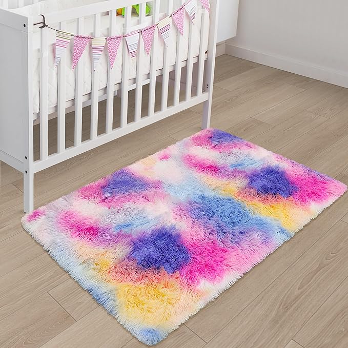 2x3 ft Small Throw Rugs Furry, Non Slip Mini Area Rug, Fluffy Tie-Dyed Rainbow Carpet,for Bedroom Door Entryway Indoor Inside Front Entrance Dog Mat, Home Decor Aesthetic, Nursery