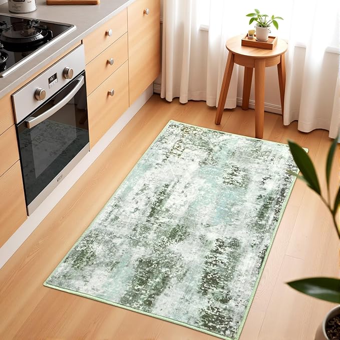Washable Abstract Rug, 2x3 Small Modern Area Rugs with Non-Slip Rubber Backed for Kitchen, Thin but Soft Throw Carpet Bedroom Entryway Front Door Decor, Green
