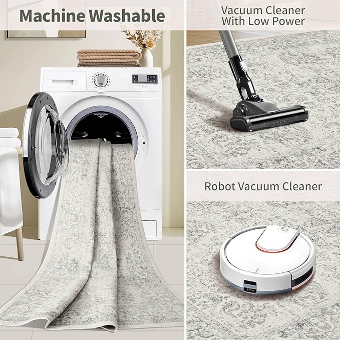 4x6 Washable Area Rug for Living Room, Neutral Vintage Boho Rugs for Office, Dining Room, Kids Room, Farmhouse, Durable Low Pile Non Slip Carpet for High Traffic Areas, Light Grey